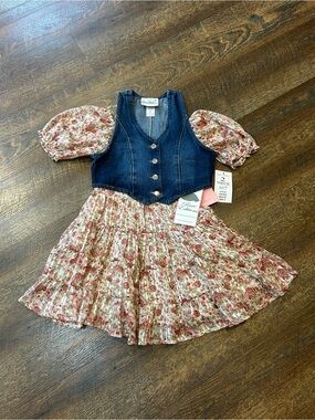 Rare Editions Pink Floral Dress with Denim Vest